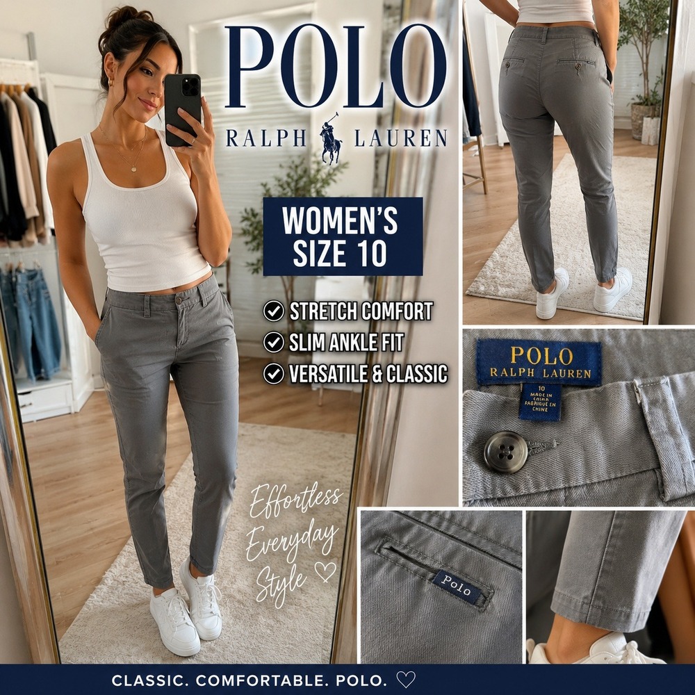 Polo Ralph Lauren Womens Grey Slim Ankle Chino Pants Stretch Size 10